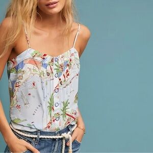 Anthropologie souvenir silk travel map resort graphic blue tank top size 6 Maeve
